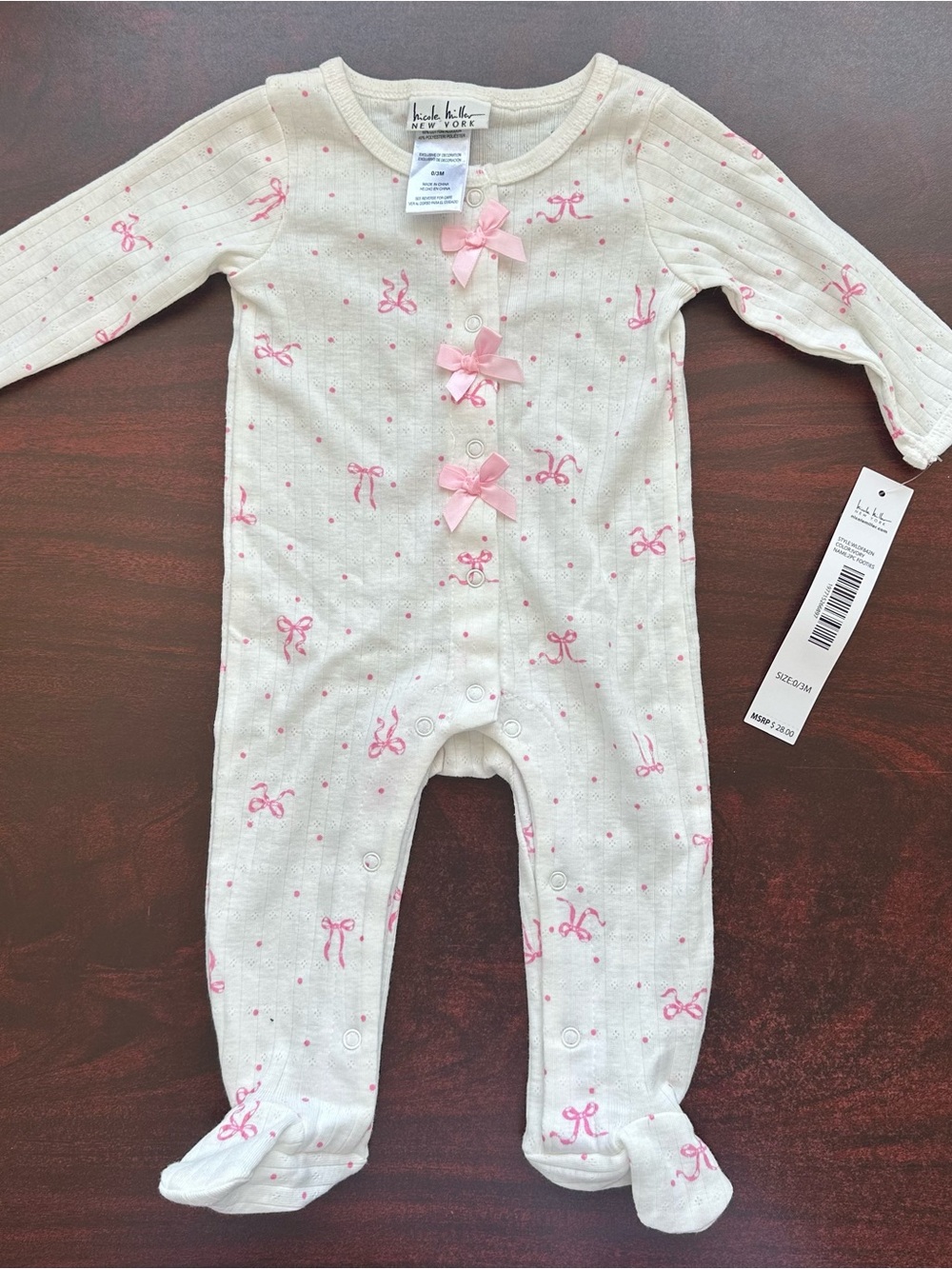Nicole Miller Cream Footed One-Piece with Pink Bows
